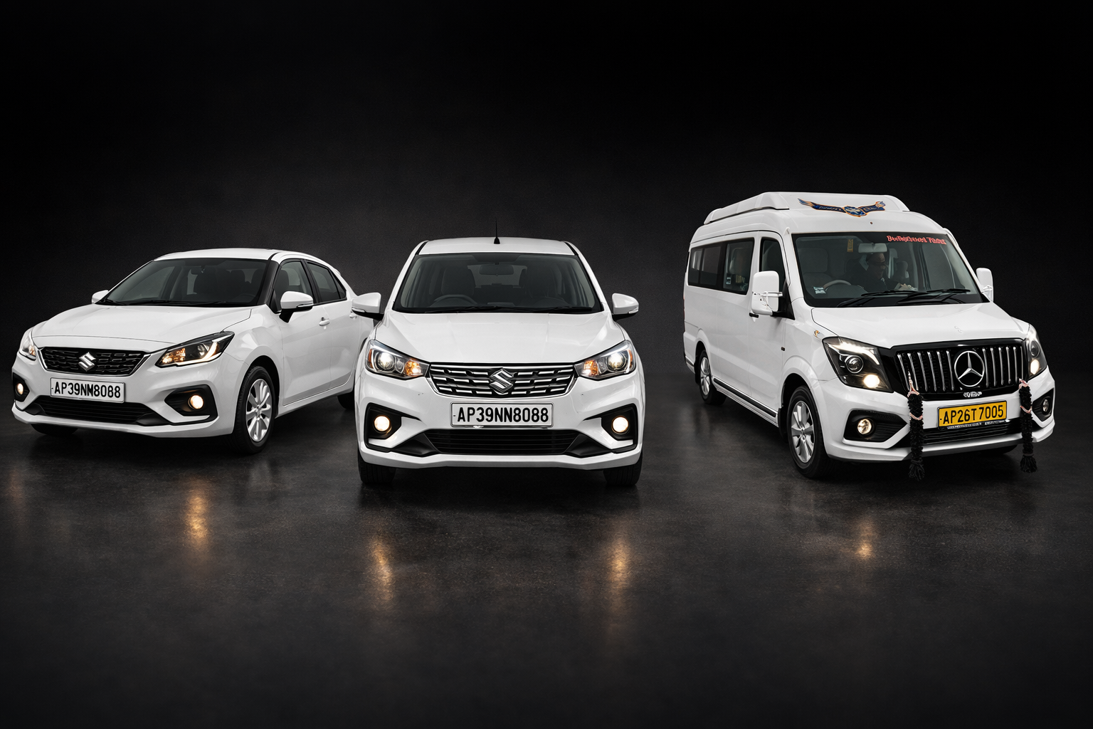 Bhavyasree Travels fleet - Swift Dzire, Ertiga, and Tempo Traveller